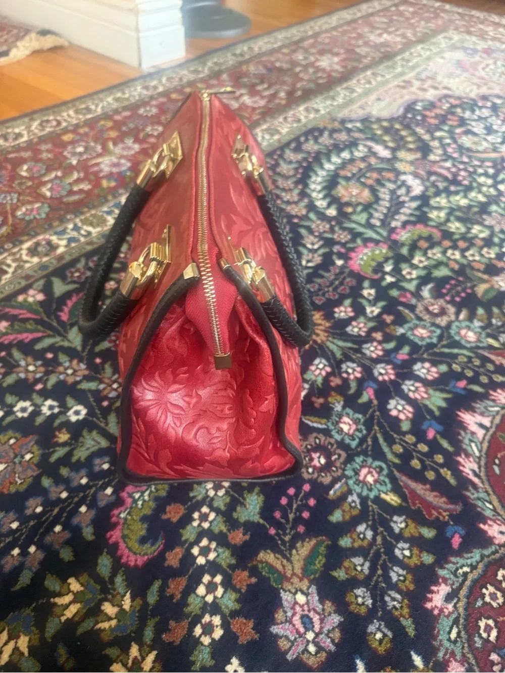 Red Embossed Floral Top-Handle Bag